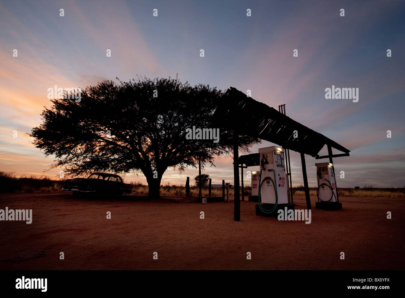 Gas Station at sunrise, Fish River, Namibia, South Africa Stock Photo