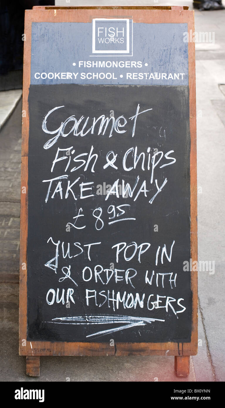 Fish and chips sign, Marylebone High Street, London, England, UK