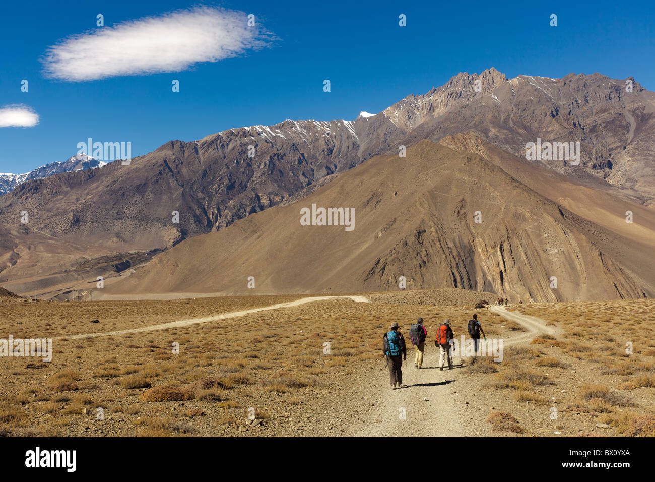 Four trekkers walking in Annapurna landscape, Nepal Stock Photo