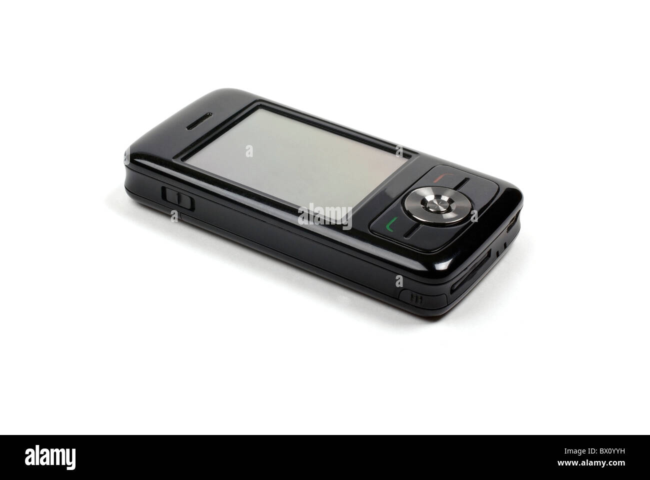 Stylish shiny black pda phone isolated on white background with shadow. Stock Photo