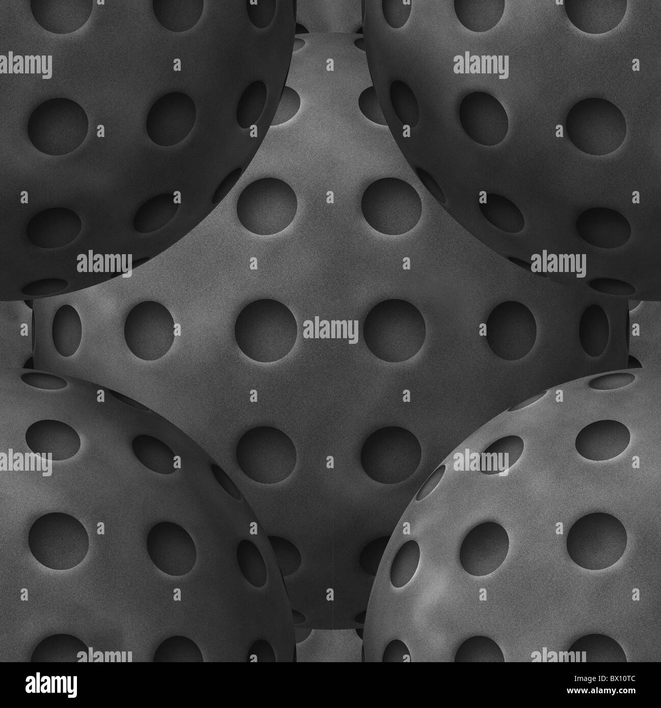 Escher-like black and white illustration of abstract metal balls with holes. Structures resemble iron wiffle balls. Stock Photo