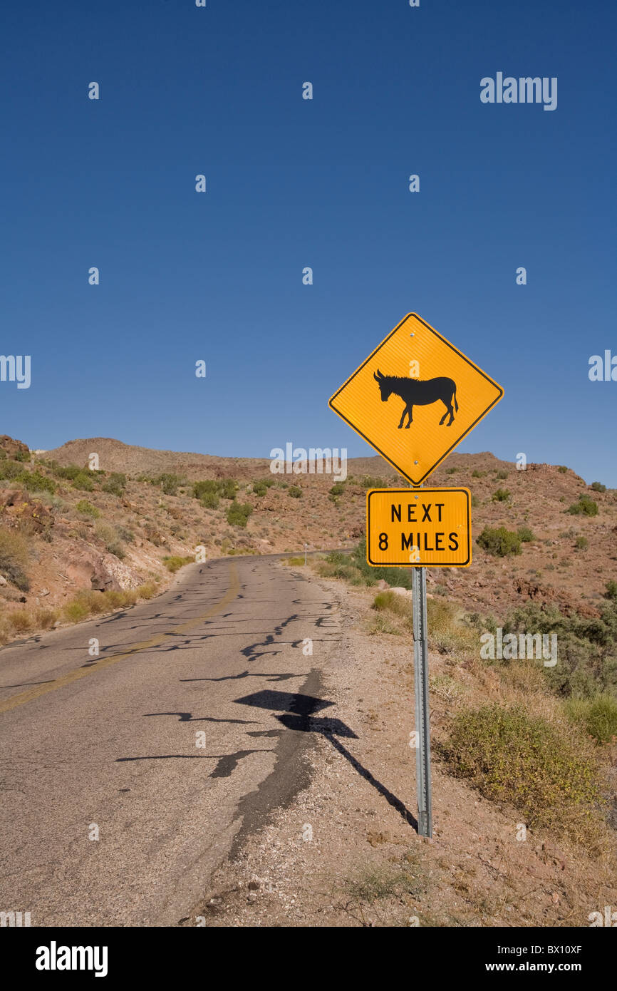 Watch for donkeys signs dot old Route 66 on entrance to the ghost town of Oatman, Arizona, USA Stock Photo