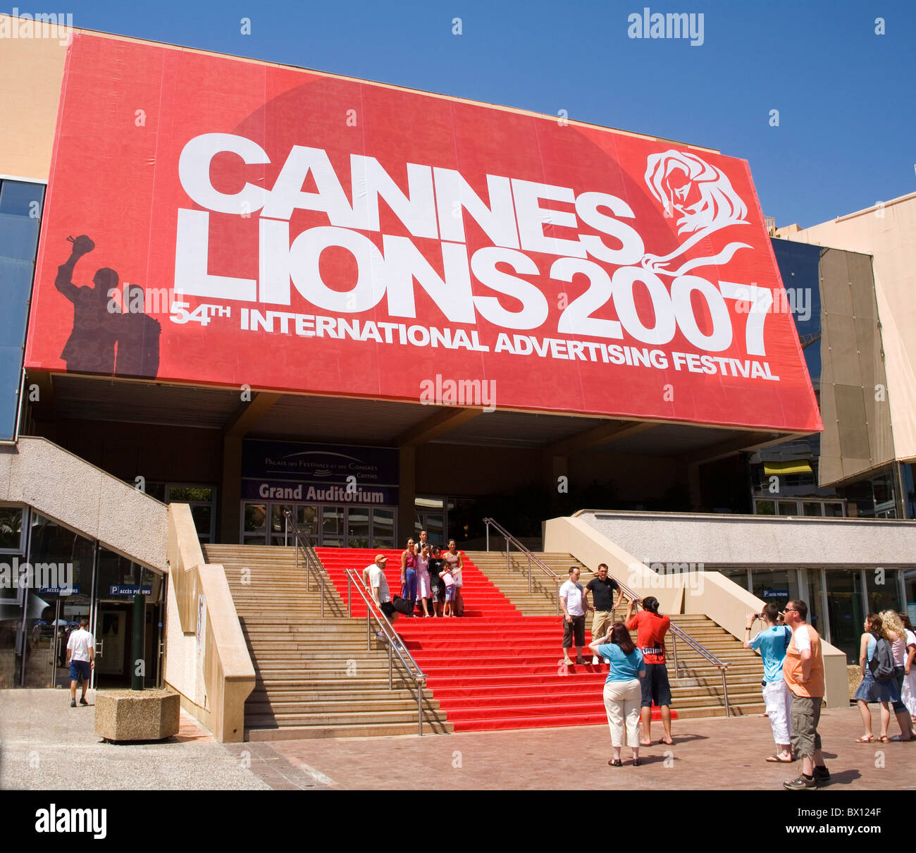 Entrance Red Carpet to the Auditorium in Cannes where the International Film Festival is held each year. Stock Photo