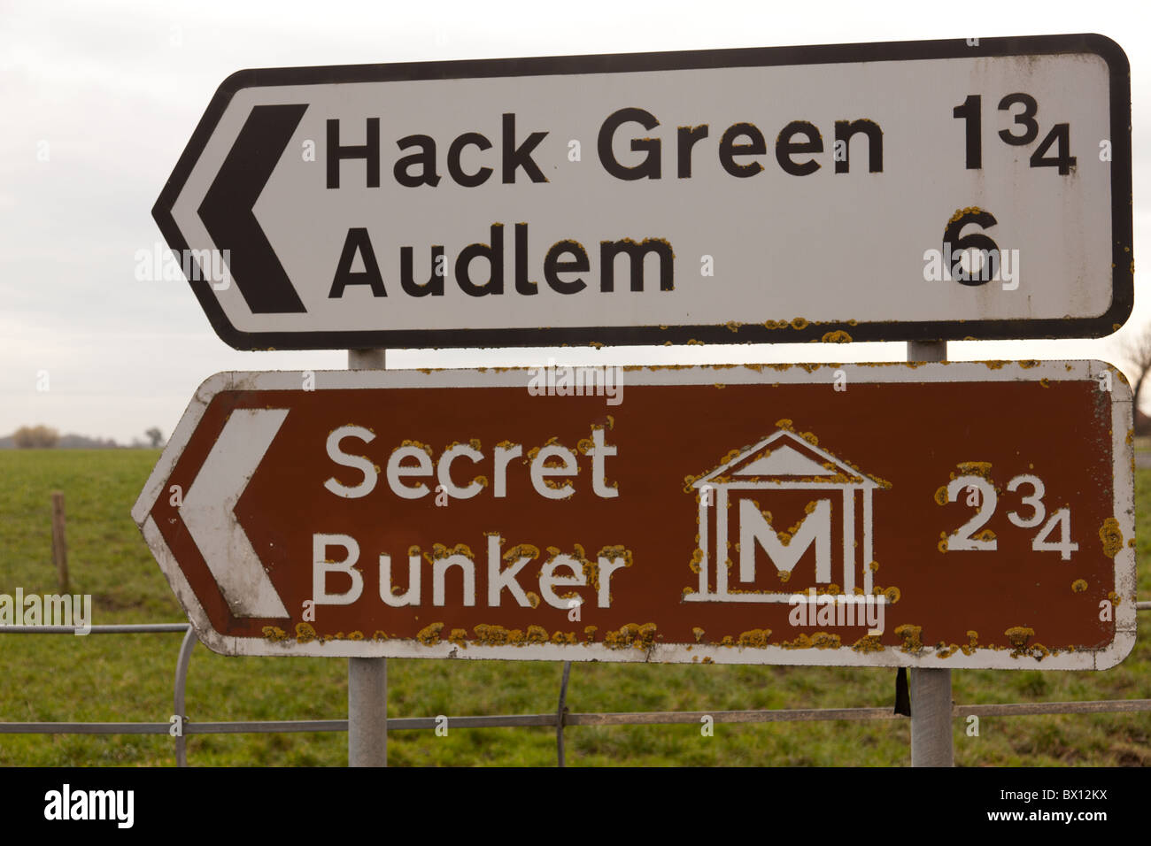 Uk direction road signs to small villages and a Secret Bunker near Nantwich, Cheshire Stock Photo