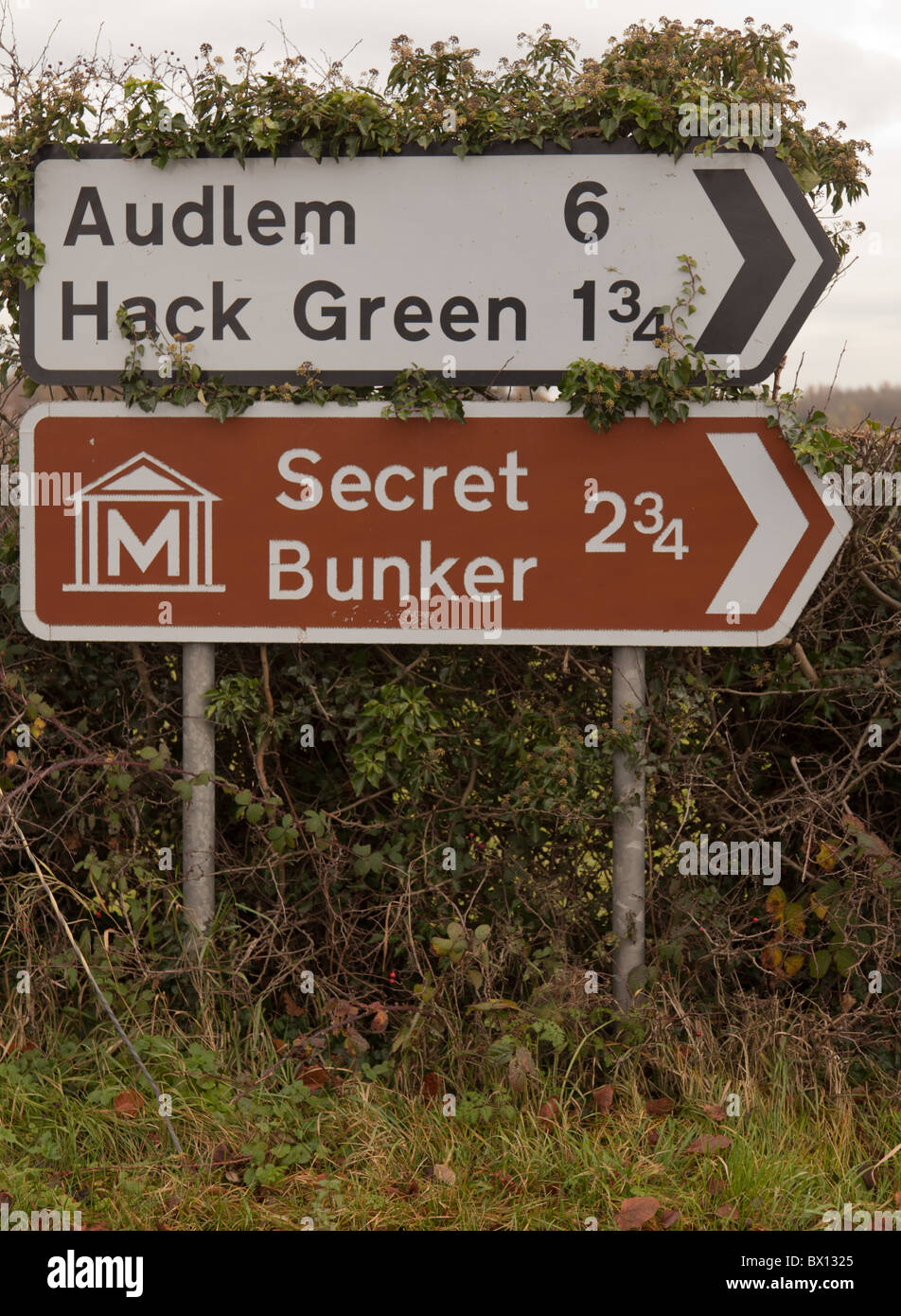 Uk direction road signs to small villages and a Secret Bunker near Nantwich, Cheshire Stock Photo
