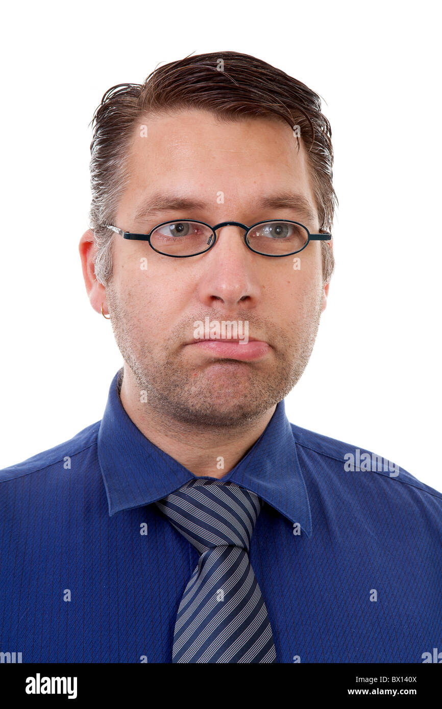 portrait of male nerdy geek making funny face over white background Stock Photo