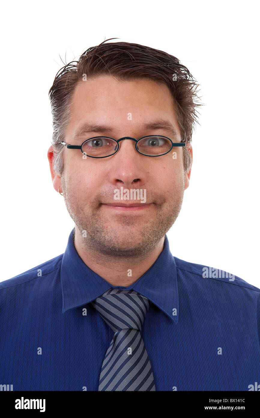 portrait of male nerdy geek over white background Stock Photo