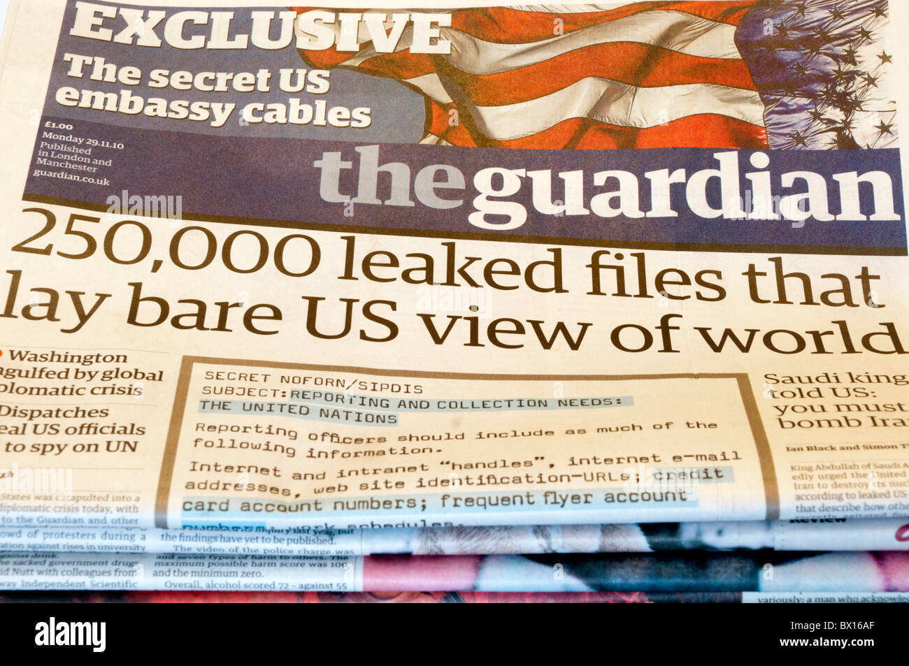 Front page of The Guardian newspaper with the story of confidential American cables published by the Wikileaks web site. Stock Photo