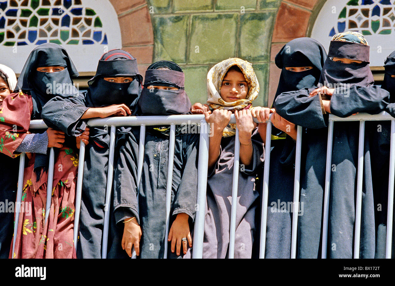 veiled School Children Veil Jabal Saber Taiz Yemen Orient Arabia Stock Photo
