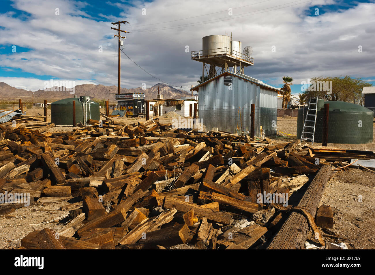 Railroad Ties scrap yard, Amboy, California Stock Photo