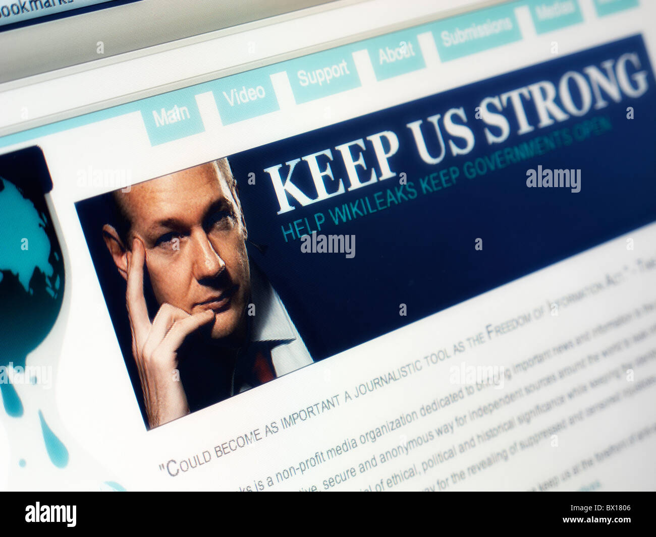 Detail of homepage of WikiLeaks website Stock Photo