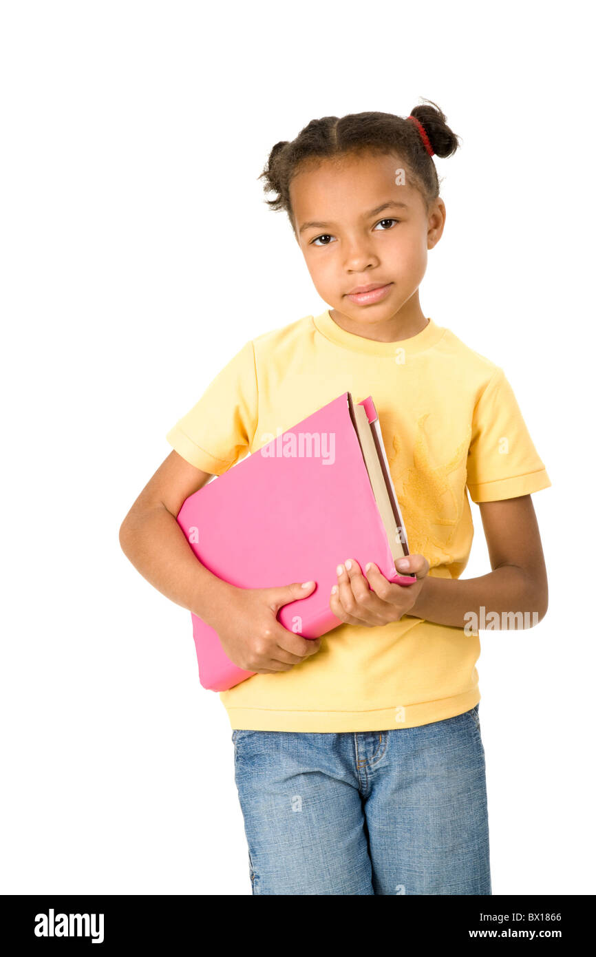 Portrait of happy child with textbook on a white background Stock Photo
