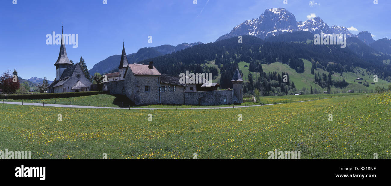 Blusher castle church mount mountains scenery landscape Switzerland Europe Vaud village Stock Photo