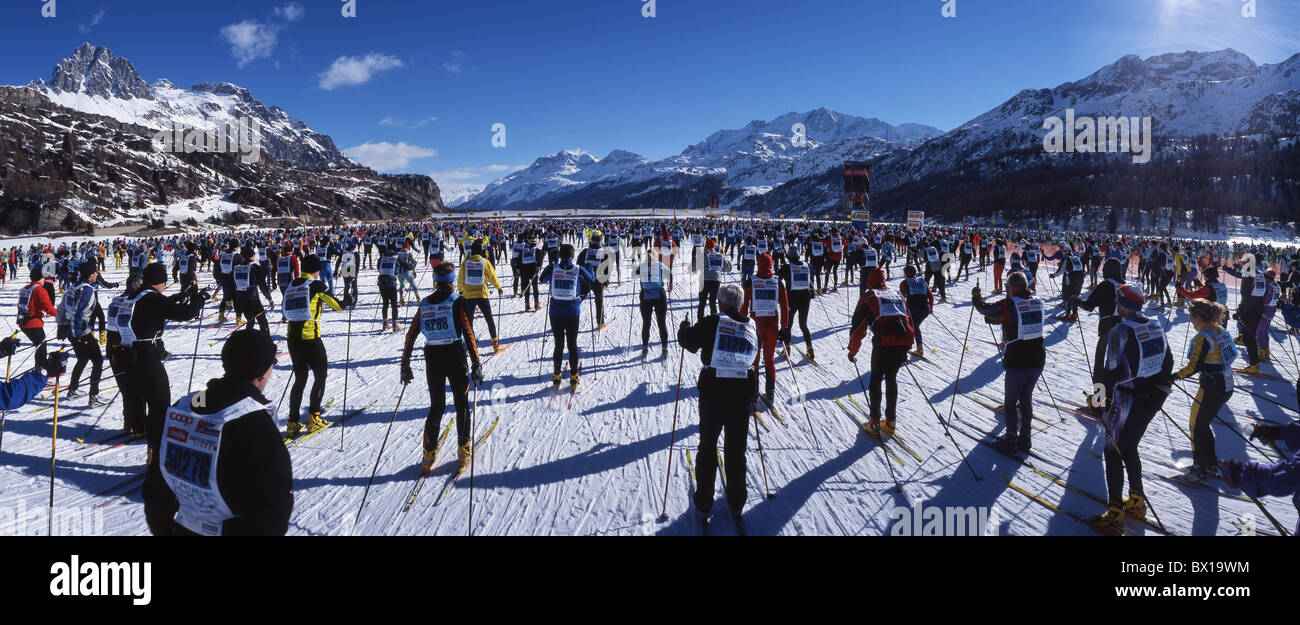 adventure arrangement canton cross country Engadin Grisons Graubunden Maloja ski marathon mass mountains Stock Photo