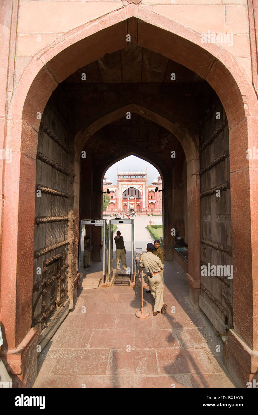 Security check point at the entrance to the Taj Mahal complex in Agra. Stock Photo