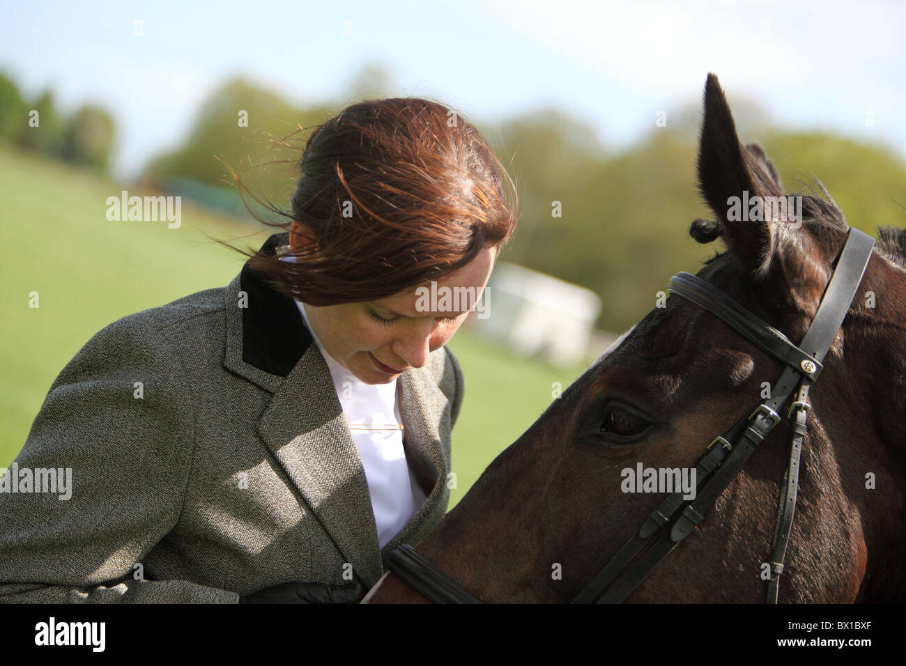 rider and horse Scotland UK head to head touching Stock Photo