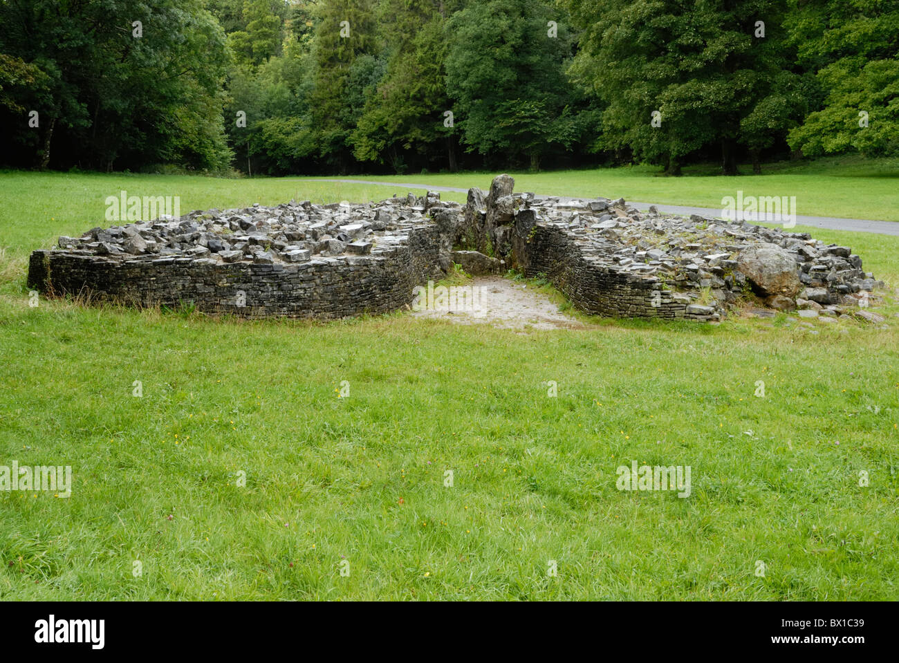 Neolithic chambered or transepted long cairn at Parc le Breos, Gower, Wales. Stock Photo