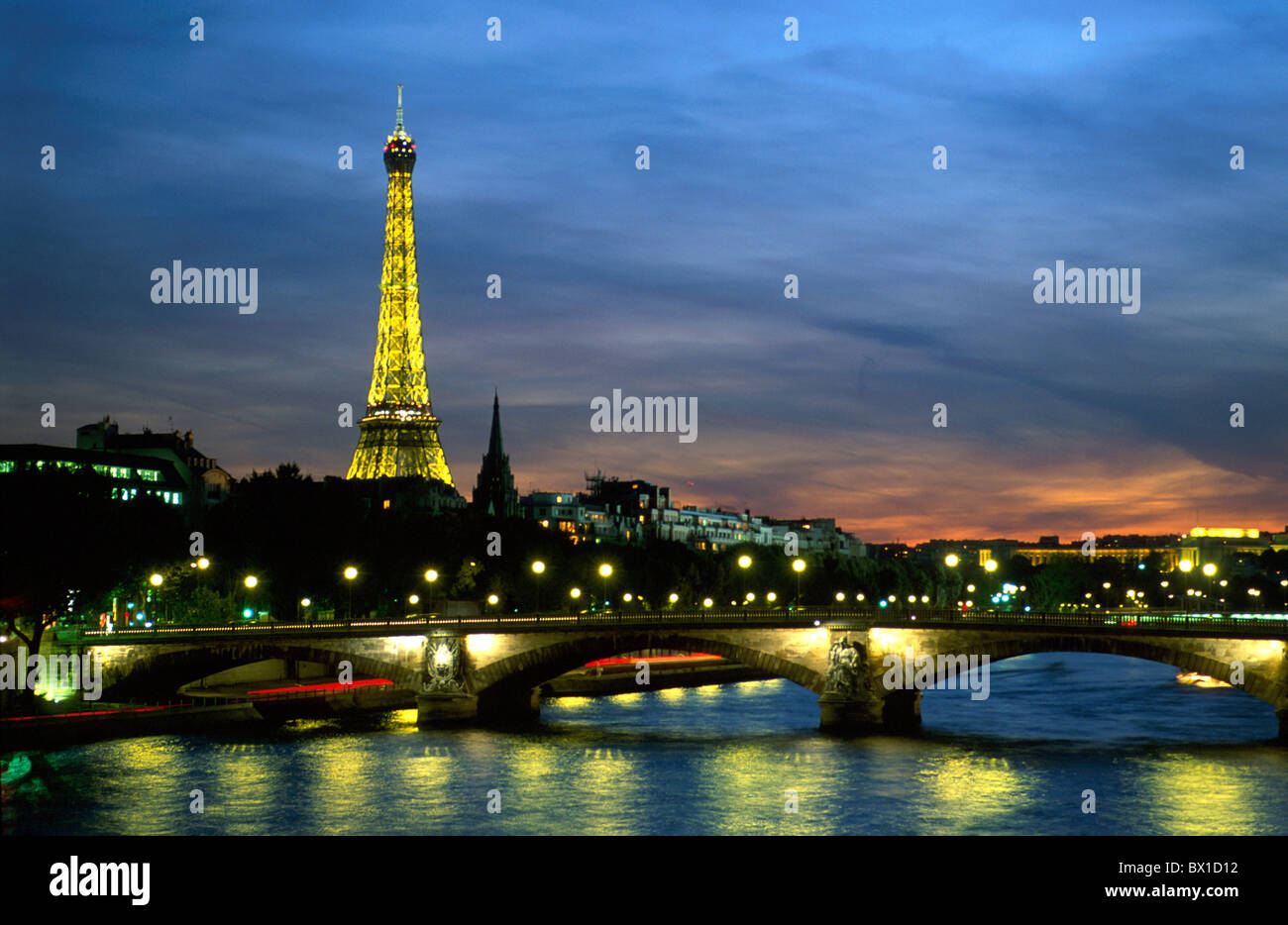 France Europe Paris Seine River river tower Eiffel Tower night Stock ...