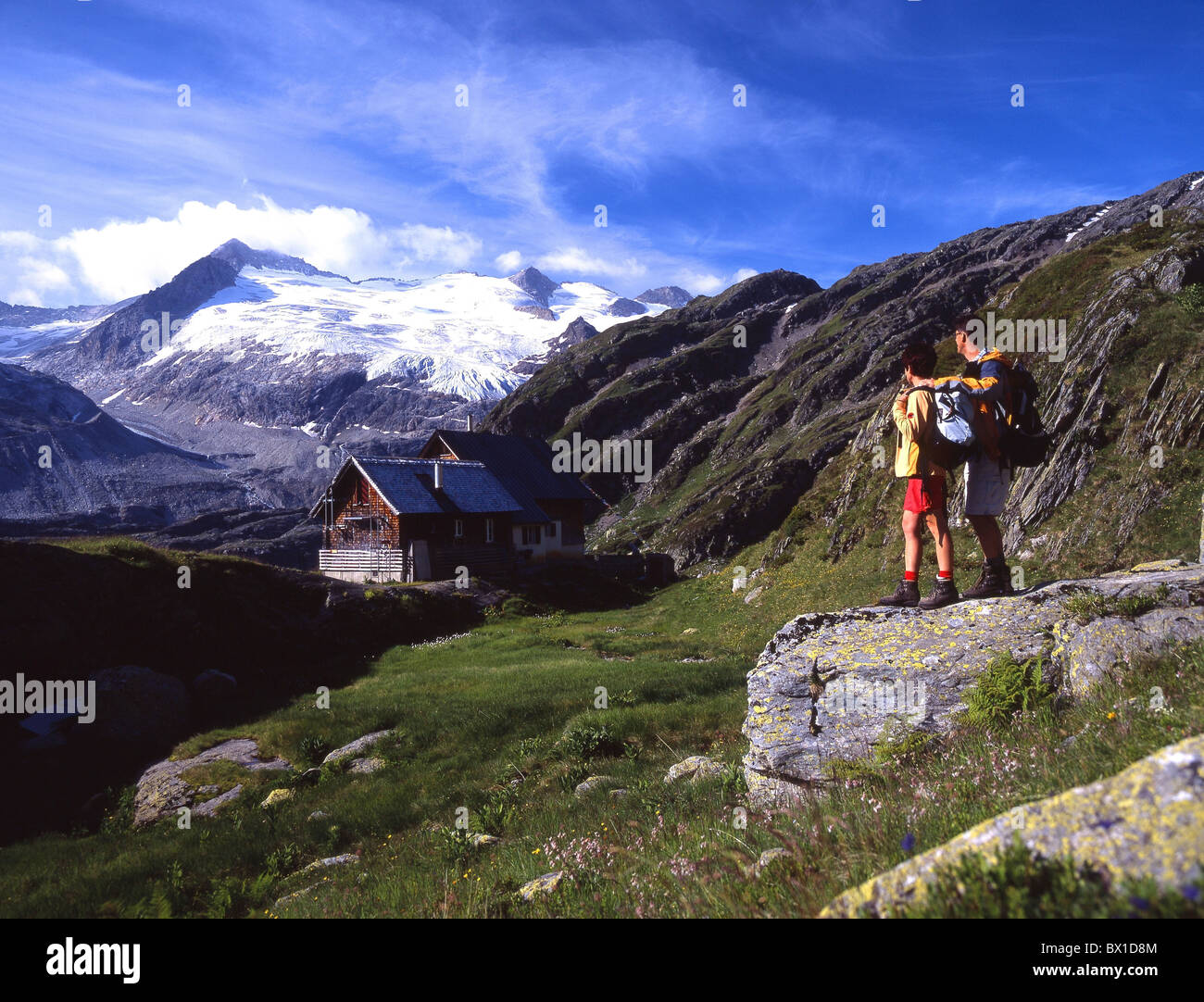 adventures Alps Canton Bern Bernese Oberland couple Gauli Glacier Gauli hut hiking holidays hut mountain Stock Photo
