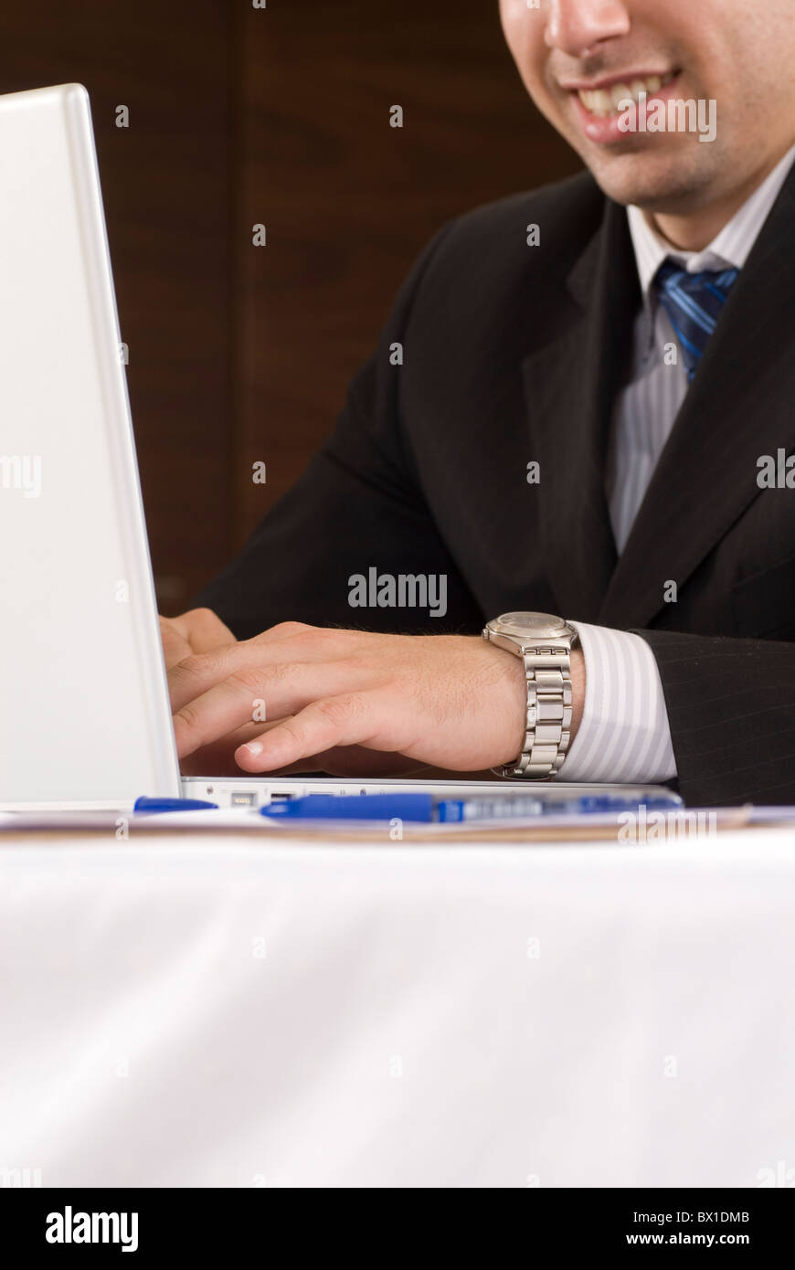 Closeup of a 30 years old Lebanese Business man working on laptop computer inside office Beirut Lebanon Middle East Stock Photo