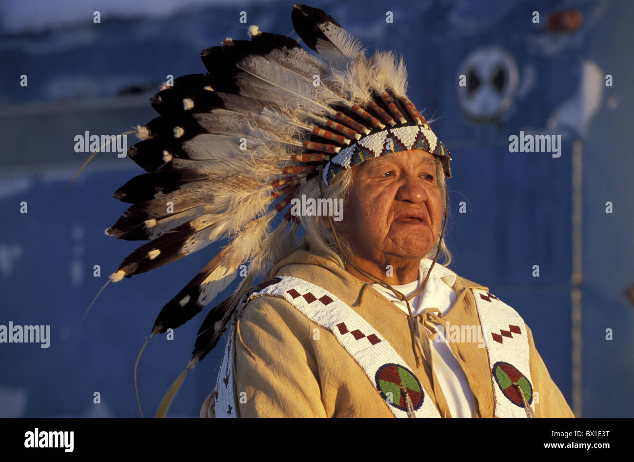 Chief Delvis Heath Oregon USA America United States Warm Springs feathers senior man native American Portr Stock Photo