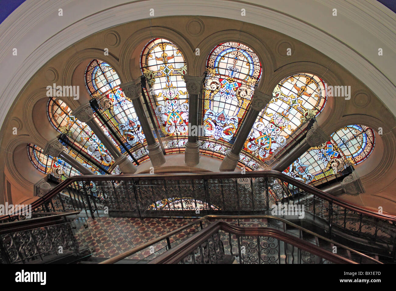 Queen Victoria Building, stained glass windows by stairs, Street