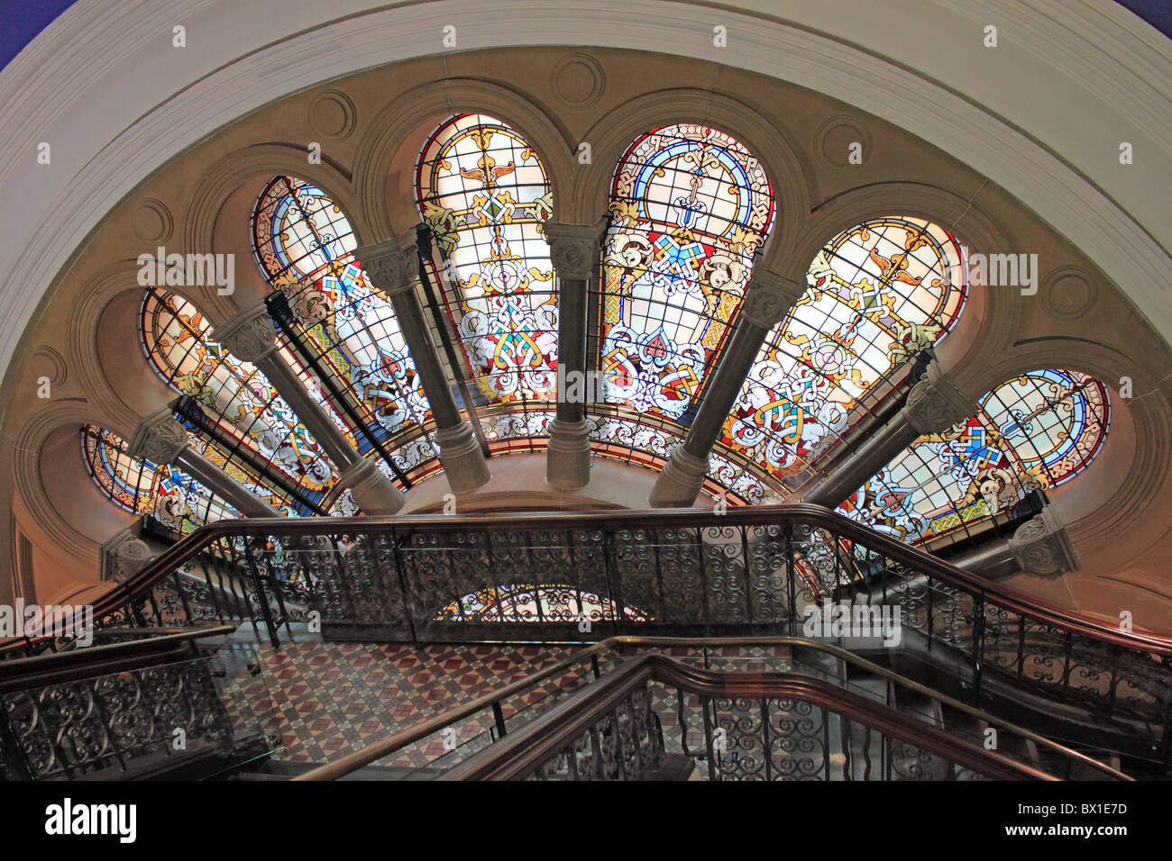Queen Victoria Building, stained glass windows by stairs, George Street, Sydney, New South Wales, NSW, Australia, Australasia Stock Photo
