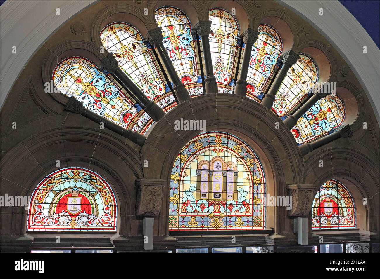 Queen Victoria Building, stained glass windows by stairs, Street
