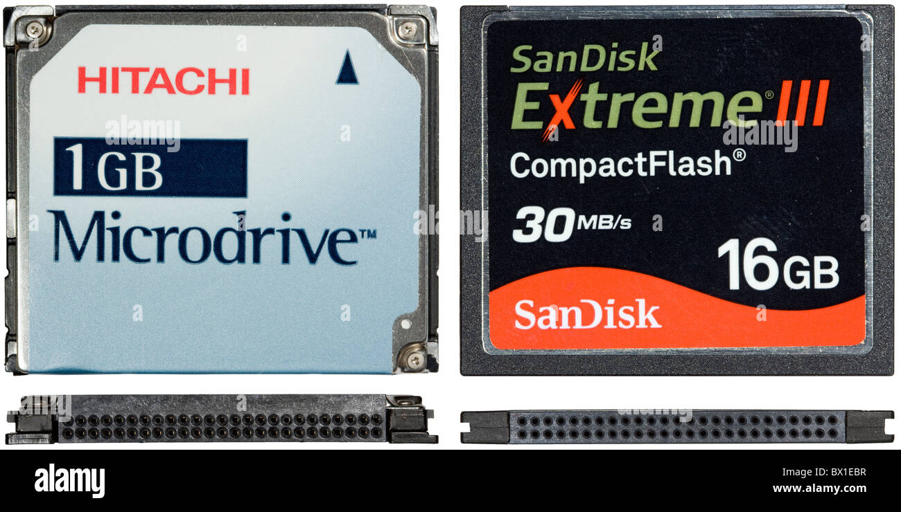 Size comparison between CF memory cards. Type 1 (right) and type 2