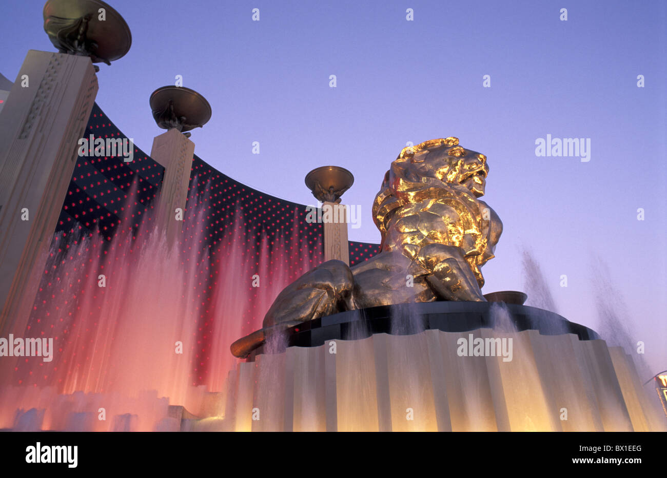 Hotel Casino Las Vegas MGM Grand Nevada USA America United States twilight sculpture lion North America Stock Photo