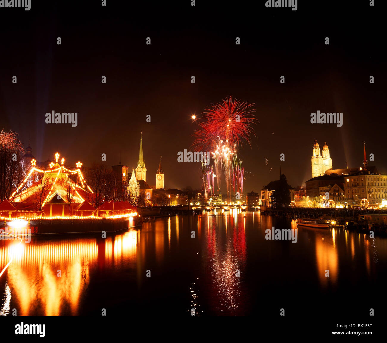 New Year Eves fireworks town city Zurich at night night Limmat Bauschanzli Switzerland Europe Stock Photo
