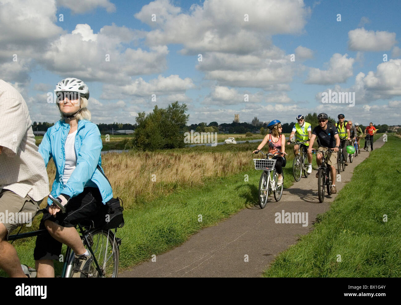 Cyclists traveling along the Burwell Fen Cycleway between Ely and the Reach Lode Bridge to mark their inauguration Stock Photo