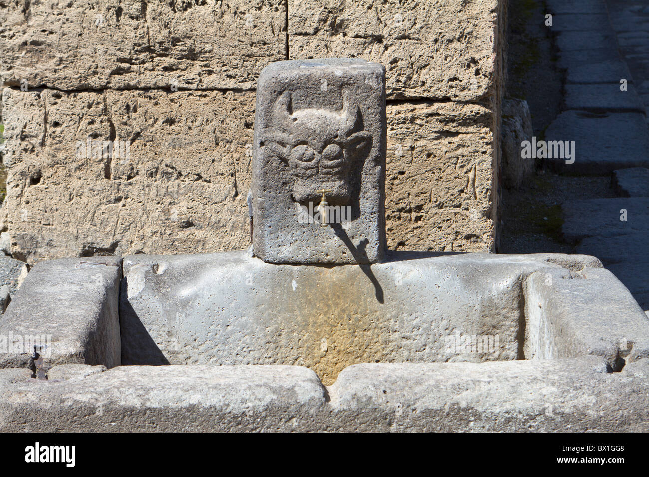 Stone water-trough in Pompeii with a carved stone figure depicting the head of a bull Stock Photo