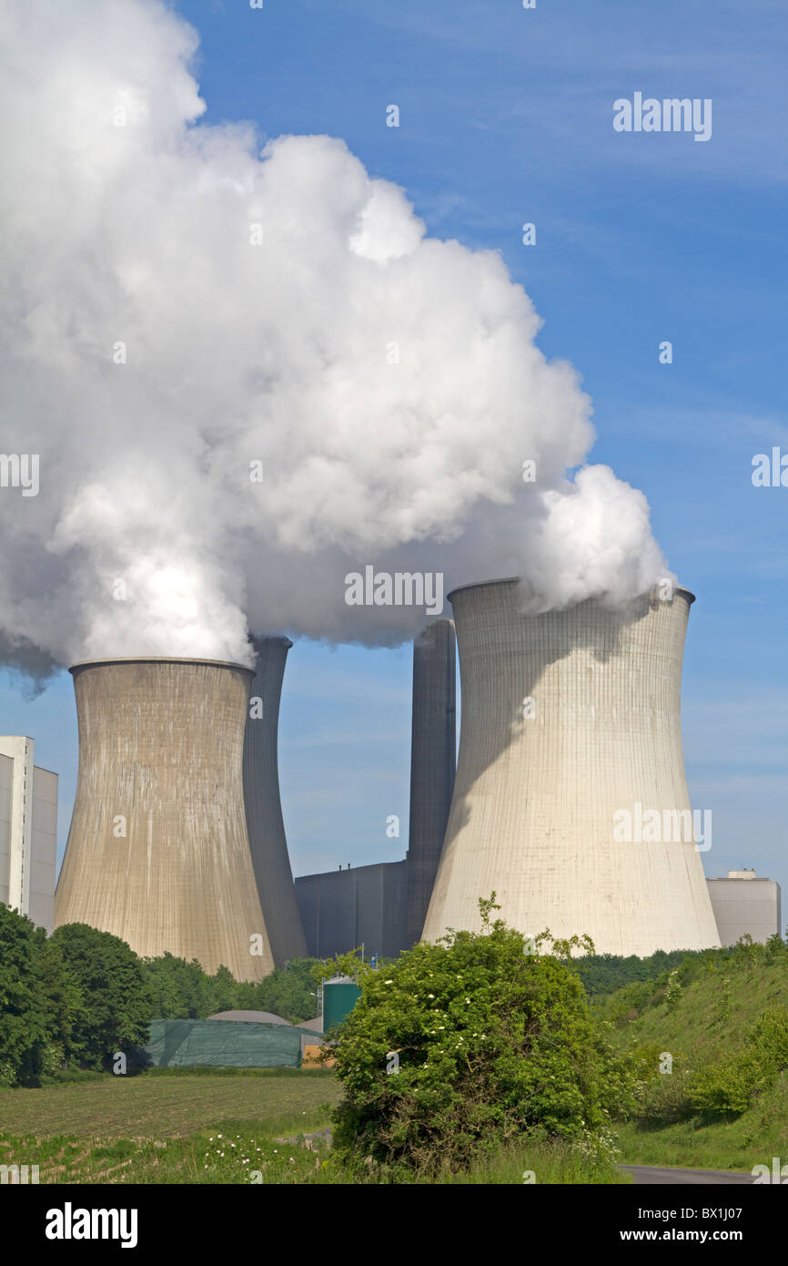 Cooling towers of the power house Neurath with blue sky Stock Photo