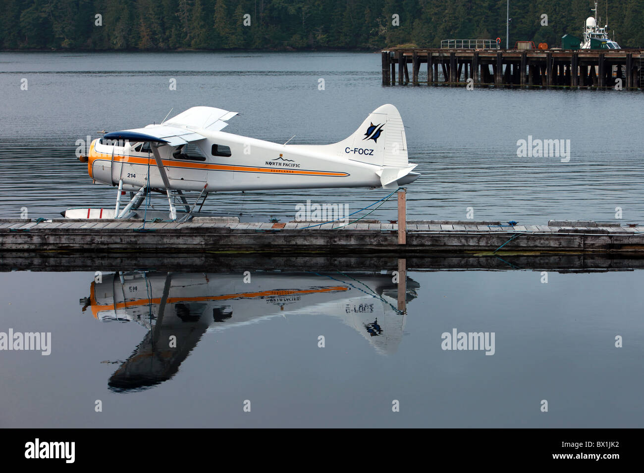 Floatplane in dock at Prince Rupert, British Columbia. Stock Photo