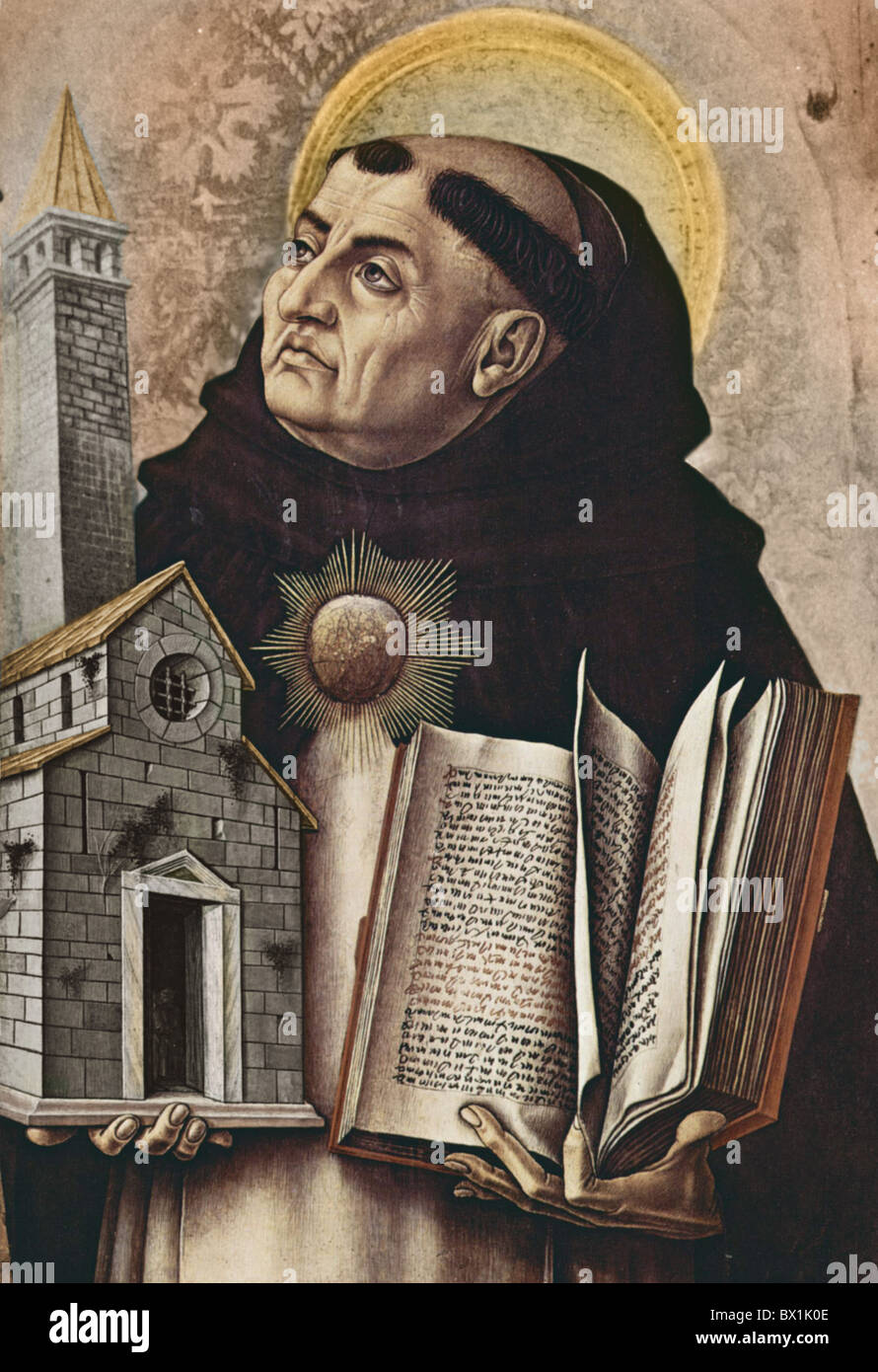 Thomas Aquinas, circa 1225 - 7.3.1274, Italian philosopher and theologit, half length, altarpiece, print after painting by Carlo Crivelli, 1476, later coloured, Stock Photo