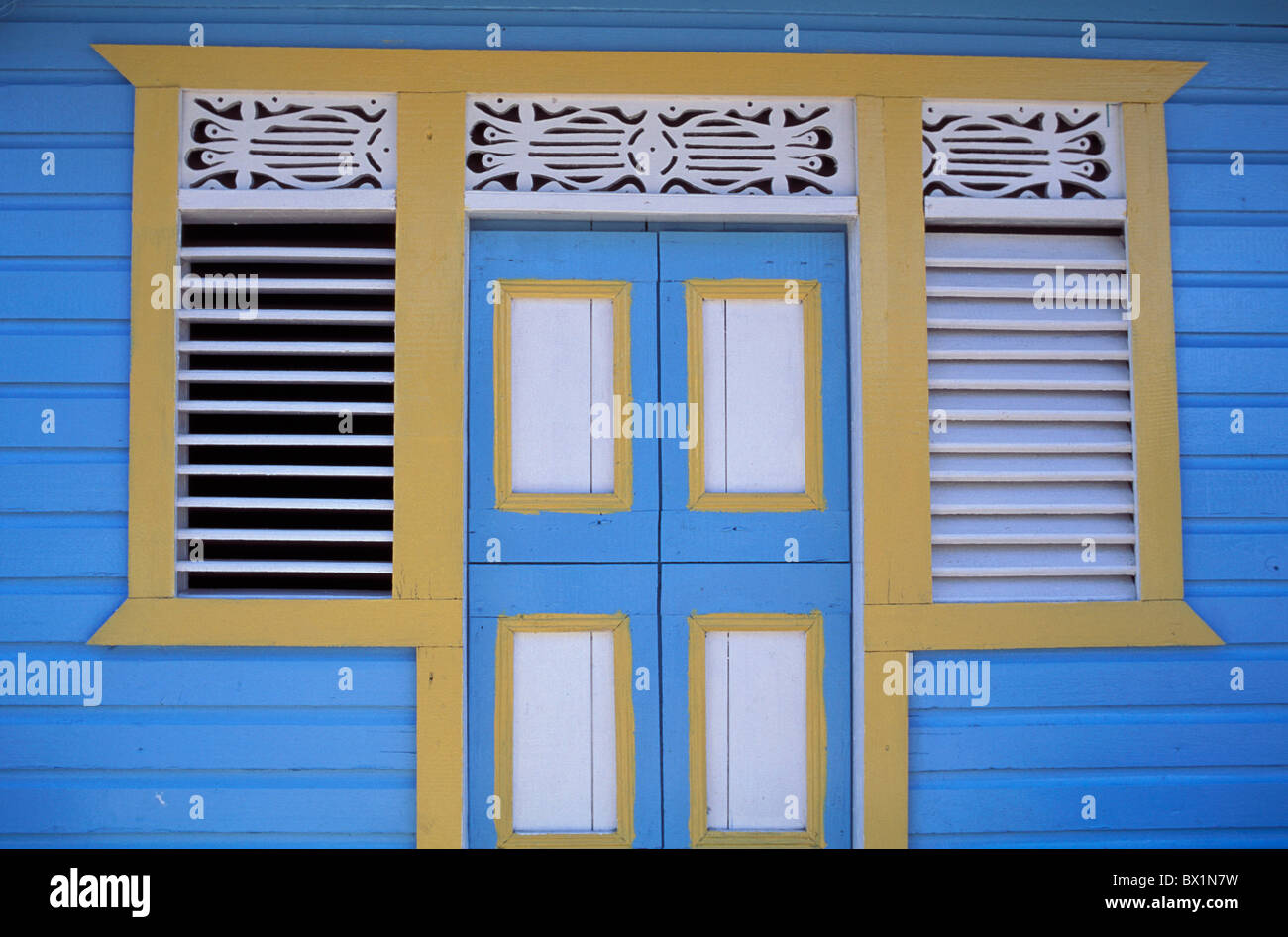 architecture blue facade home house Otra Banda pastell Caribbean Dominican Republic door window wooden ho Stock Photo