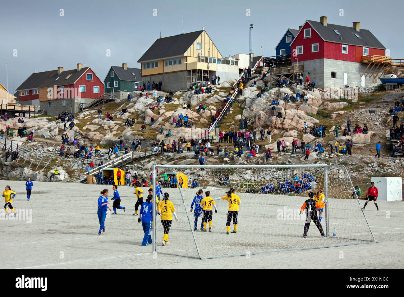 Women's football / soccer at Ilulissat / Qaasuitsup, Jakobshavn, Disko-Bay, West-Greenland, Greenland Stock Photo