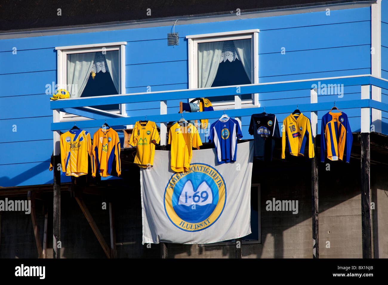 Shirts of women's football / soccer team drying after match at Ilulissat / Qaasuitsup, Jakobshavn, Disko-Bay, Greenland Stock Photo