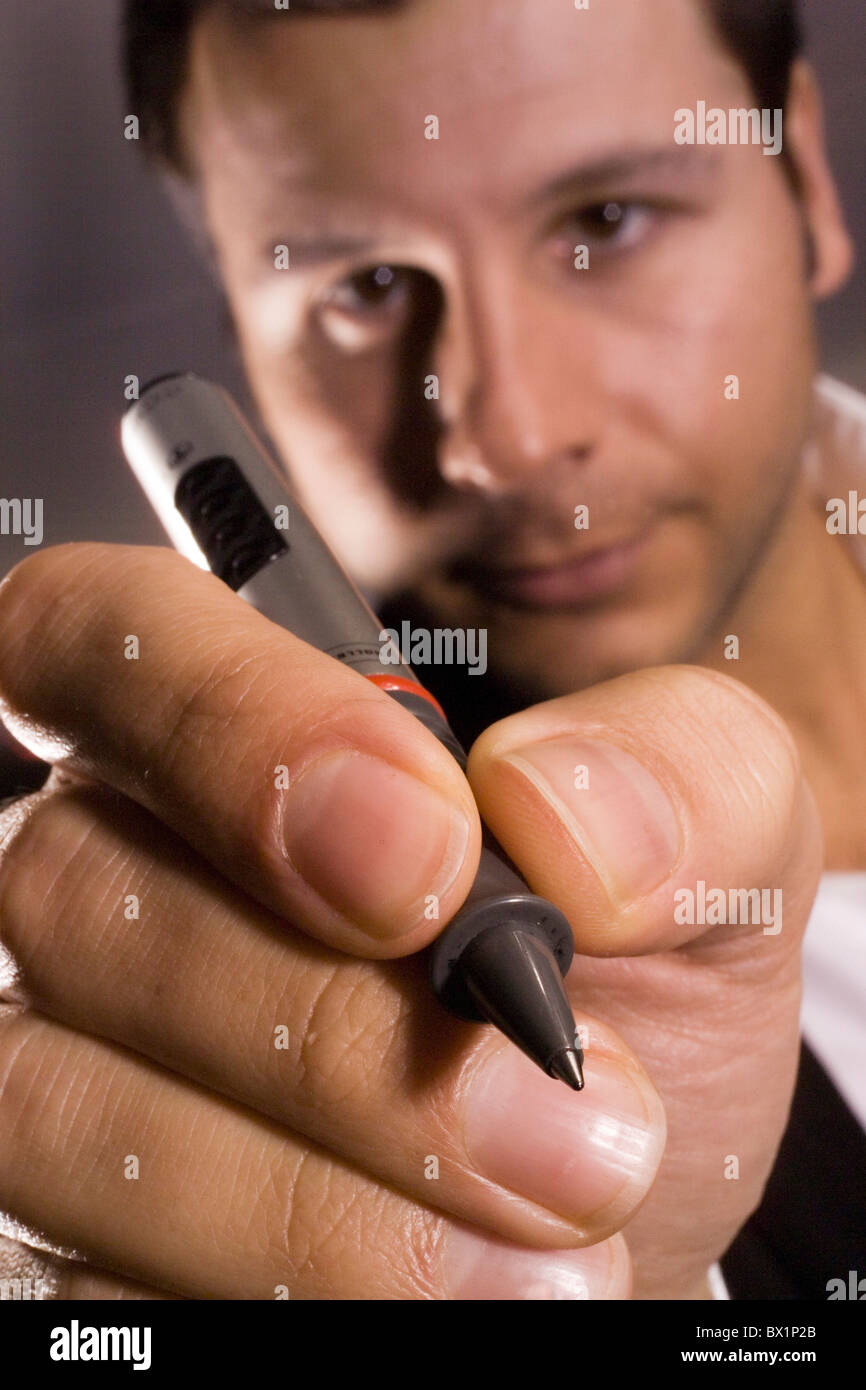 Man pencil convent writing implement ball writing implement hand symbol writing letter marking pretending Stock Photo