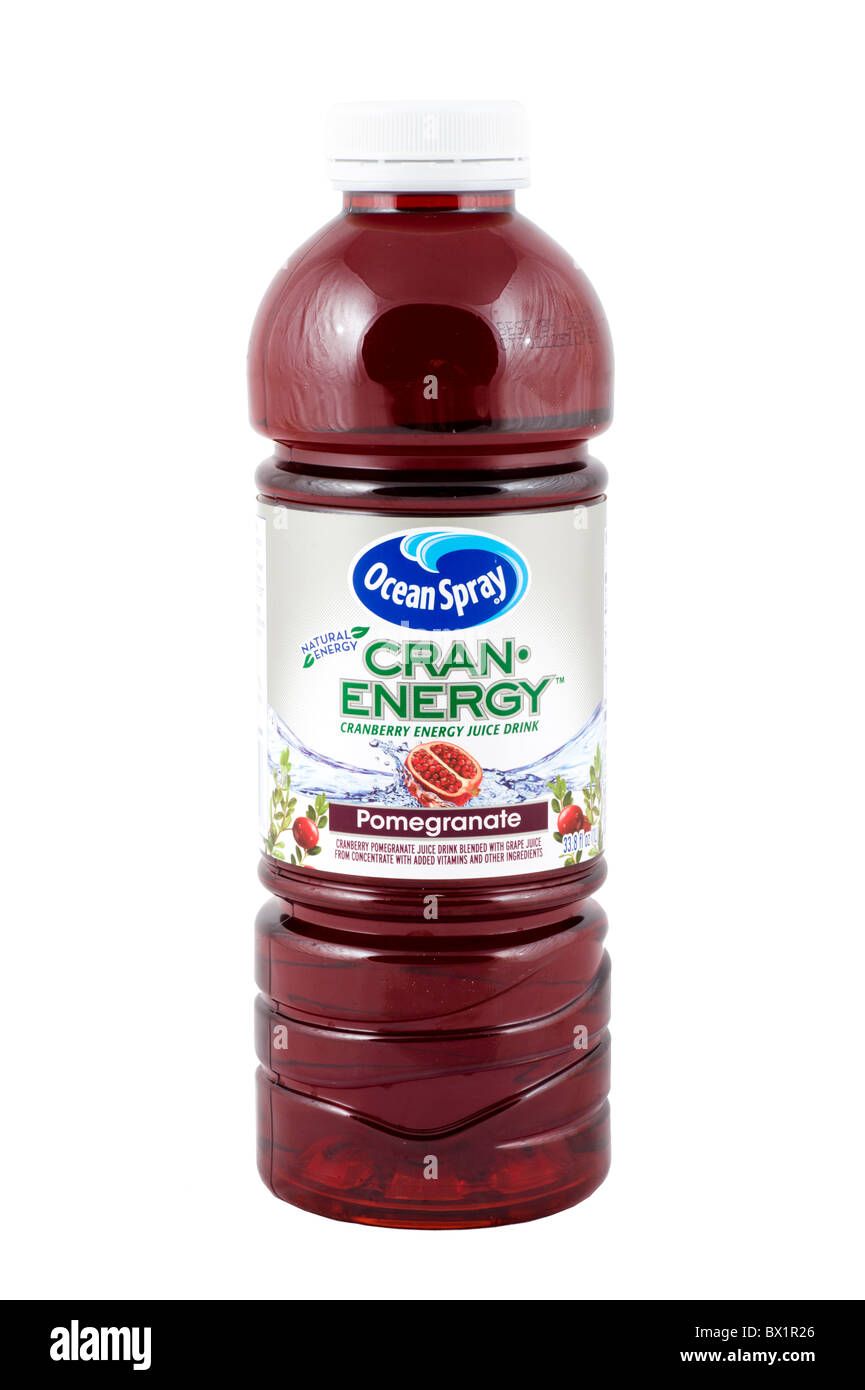 Bottle of Ocean Spray Pomegranate flavoured cranberry energy juice drink, USA Stock Photo