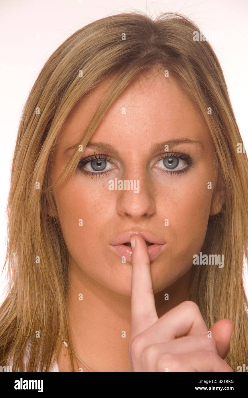 Before Mouth Blond Calmly Finger Gesture Hid Portraits Quietly Rest Silence Softly Symbol Woman