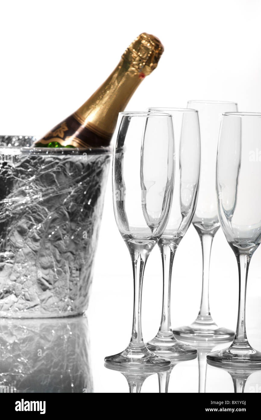 Champagne flutes and ice bucket Stock Photo Alamy