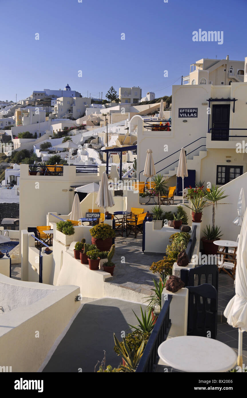 Hotel balconies in Thira with caldera scenery in Santorini Stock Photo