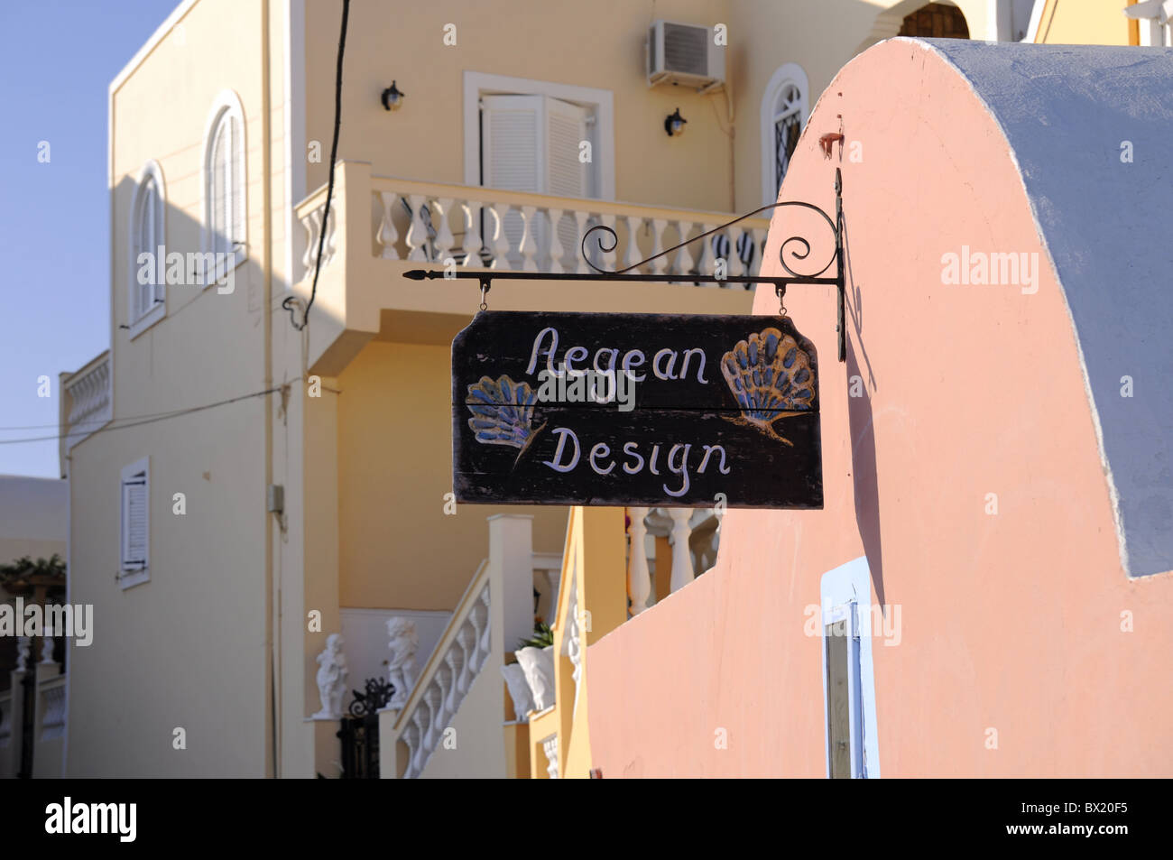 Decor shop "Aegean Design" sign in Santorini Stock Photo