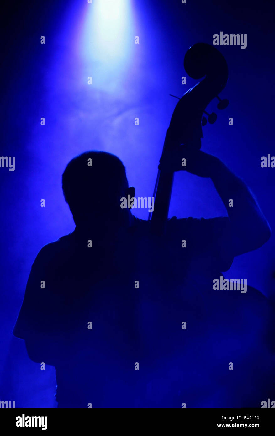 bass bass player bassist blue contrabass floodlight jazz man music musician silhouette smoke spotlight Stock Photo