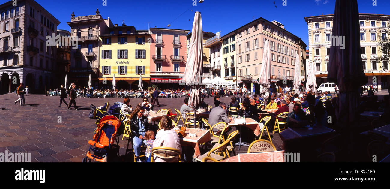 Lugano Piazza della Riforma street cafe person town city Canton Ticino Switzerland Europe Stock Photo