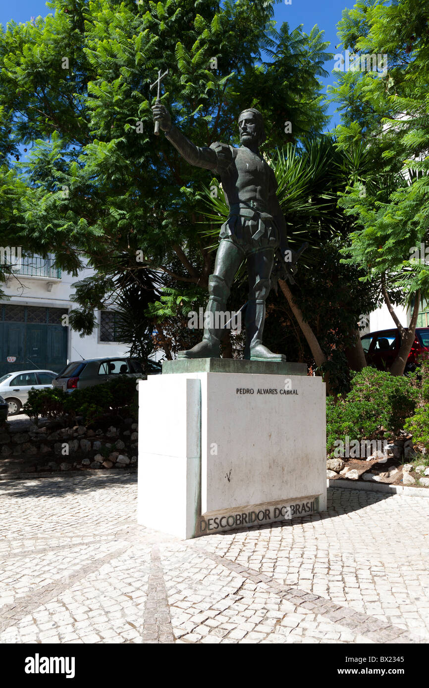 Pedro Alvares Cabral statue, in front of the Graça Church - where the discoverer of Brazil is buried. Santarém, Portugal. Stock Photo