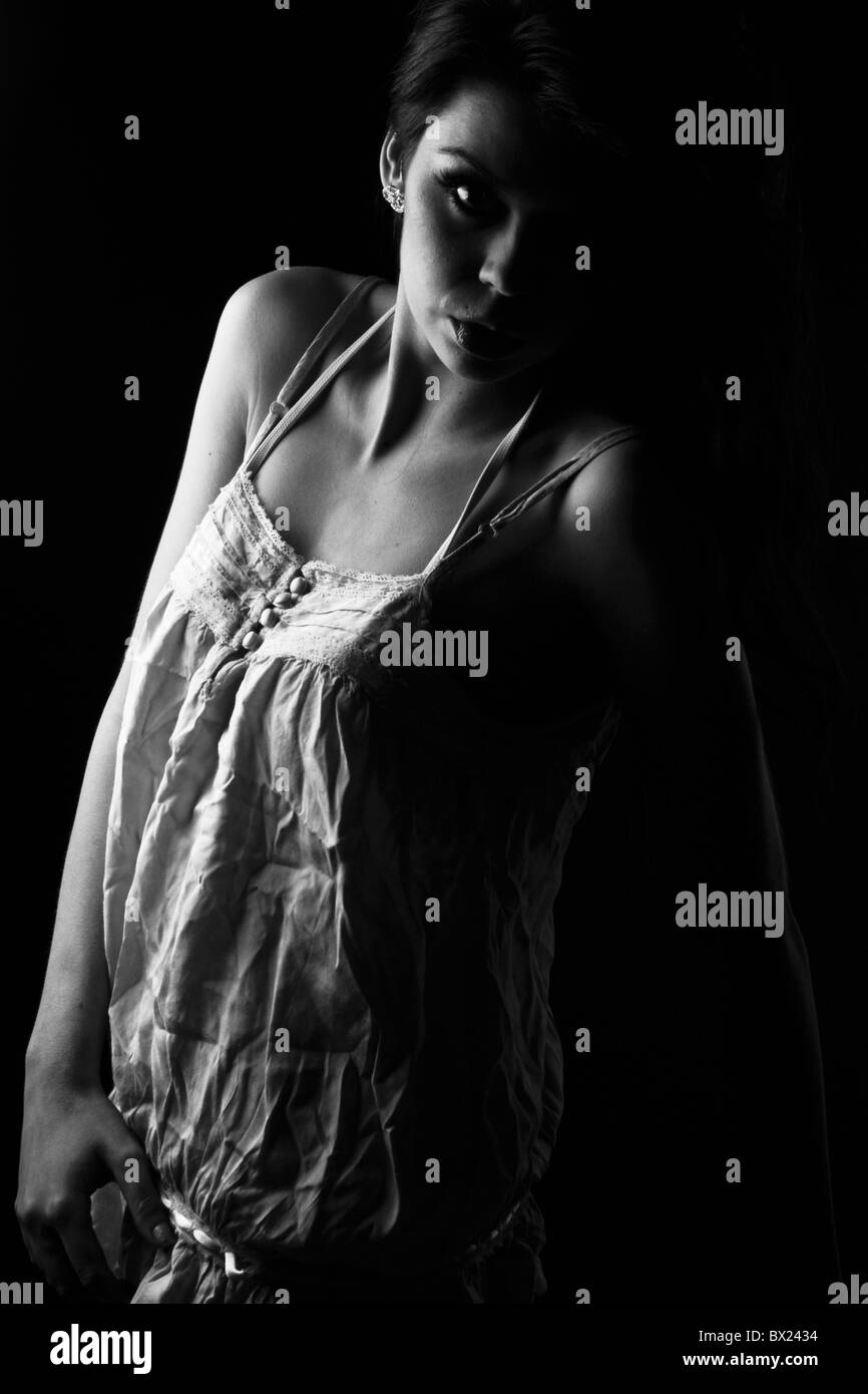 Black and white fashion portrait of a model wearing a stylish top Stock ...