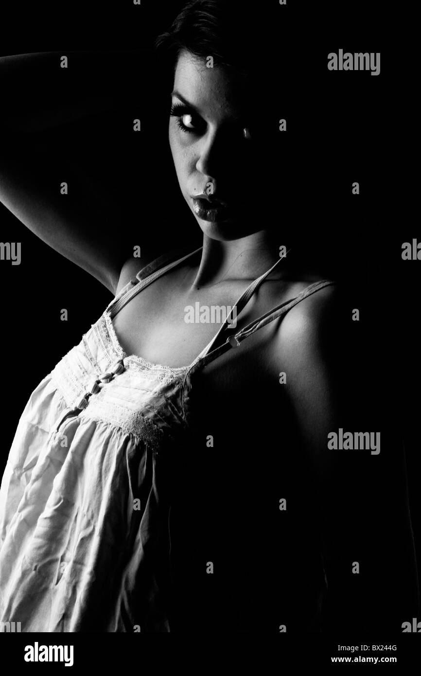 Black and white fashion portrait of a model wearing a stylish top Stock ...